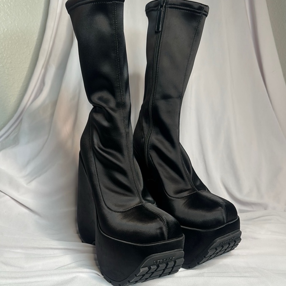 Versace Black Satin Heeled Boots
